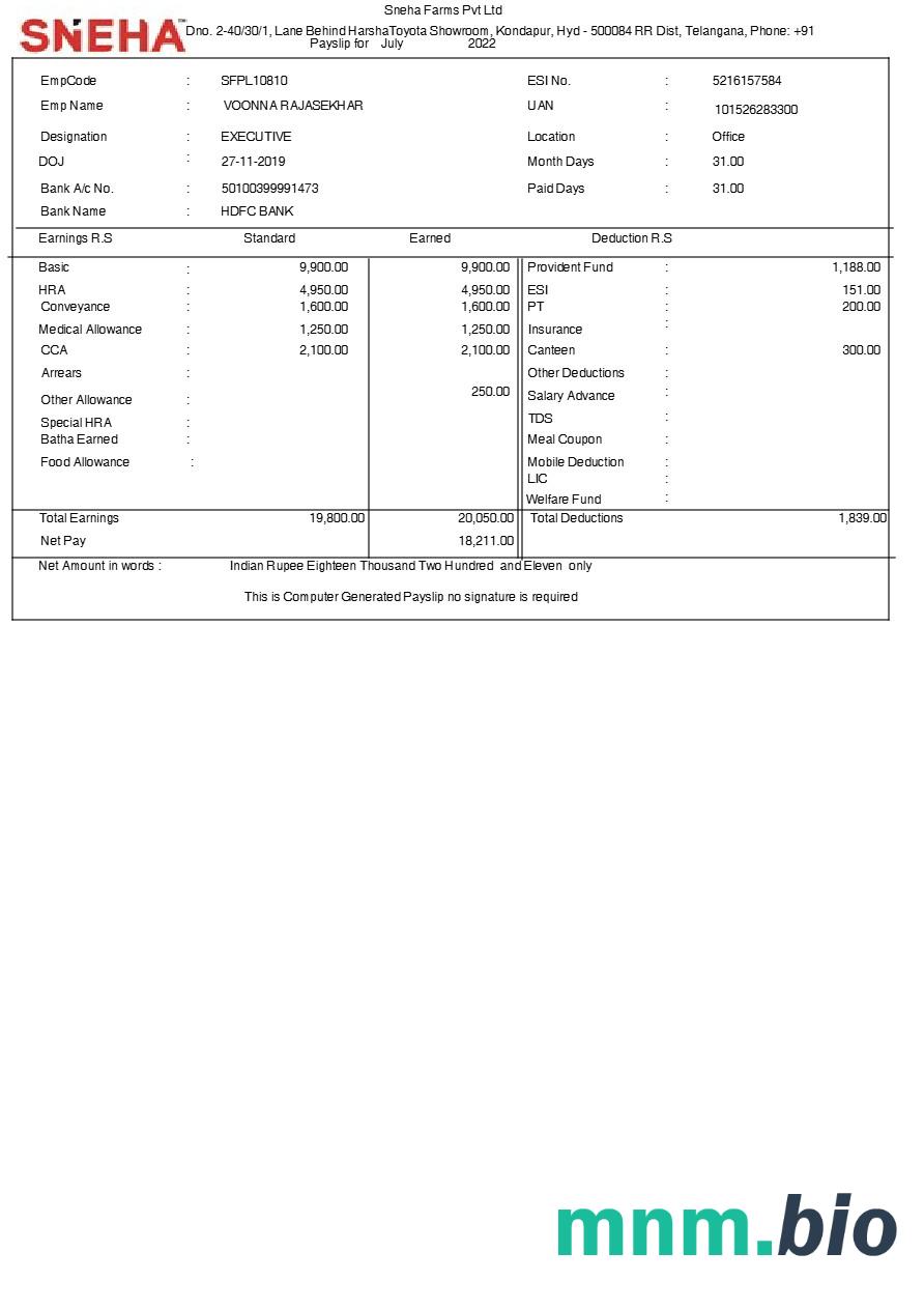 Szablon odcinka wypłaty Sneha Farms w formatach Word i PDF